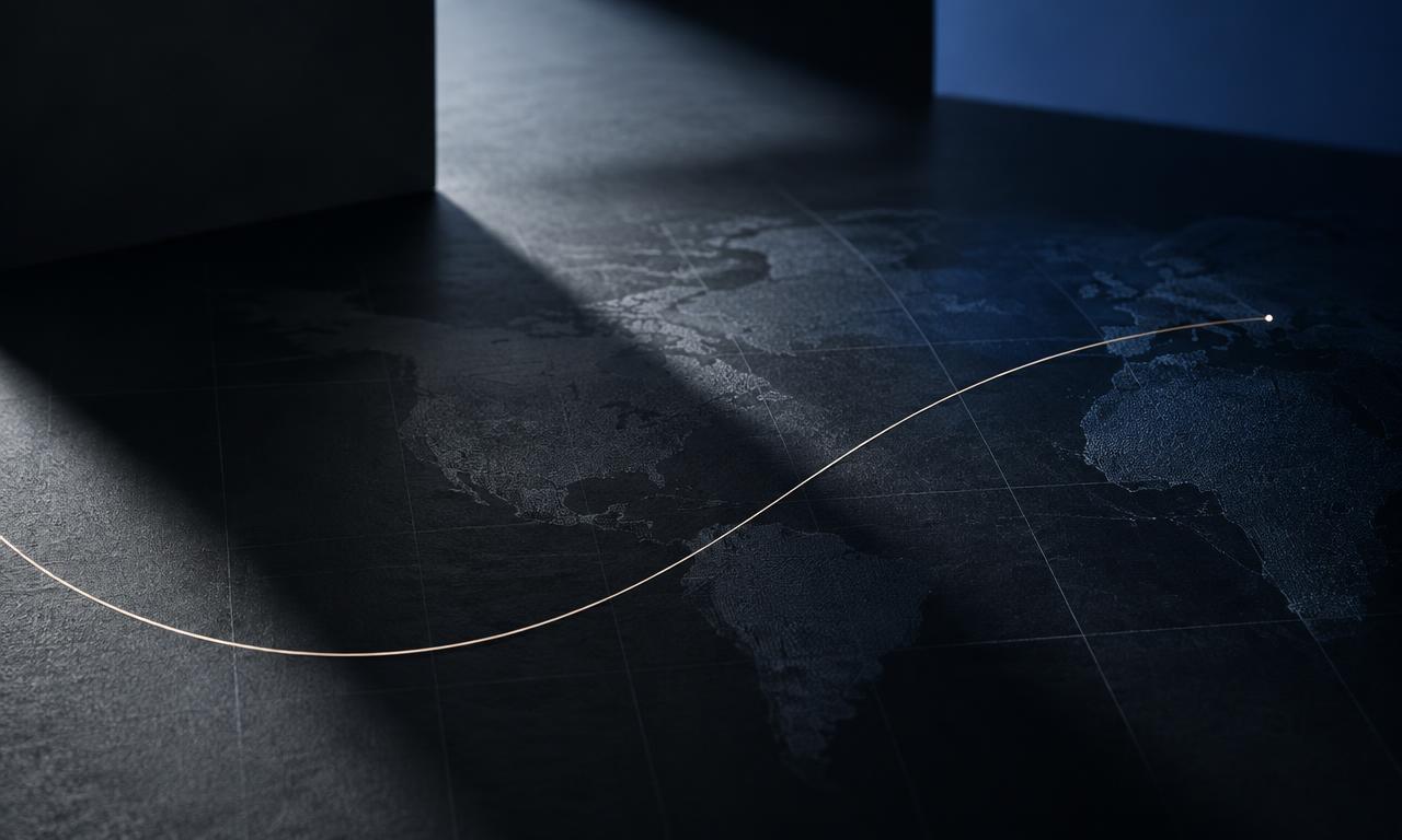 A dark world map surface with a single curved line connecting distant points in soft cobalt light
