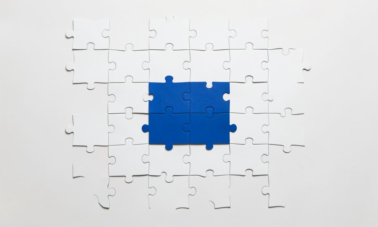 White puzzle pieces aligning into a single grid with one cobalt blue section at the centre